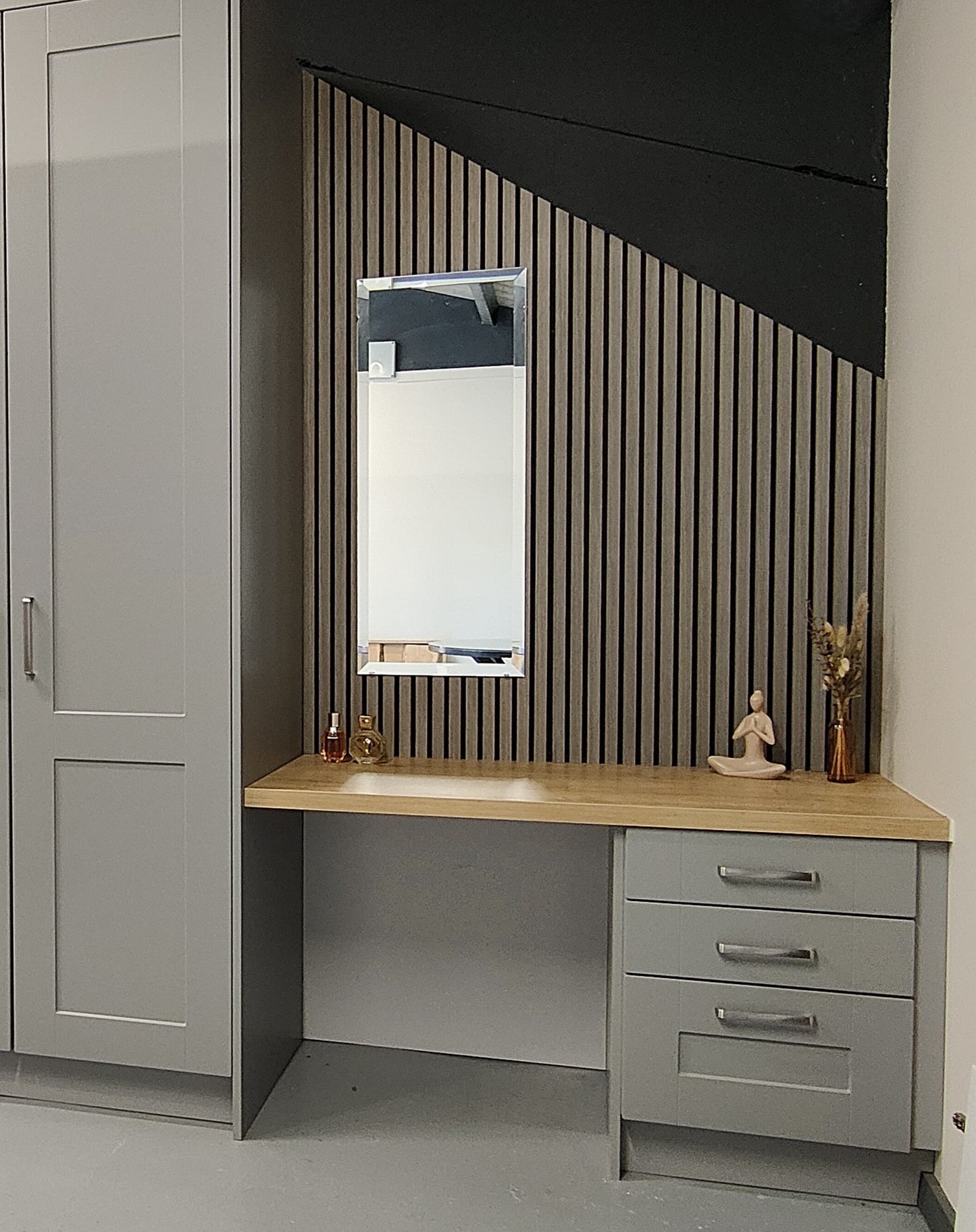 Smoke Grey Acoustic Panels in Dressing Table Setting